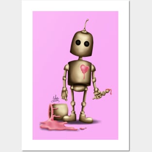 Robot with pink heart Posters and Art